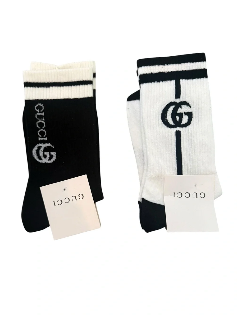 2 Pair Gucci Outlet Women’s Black & White Logo Crew Socks - Pack of 2